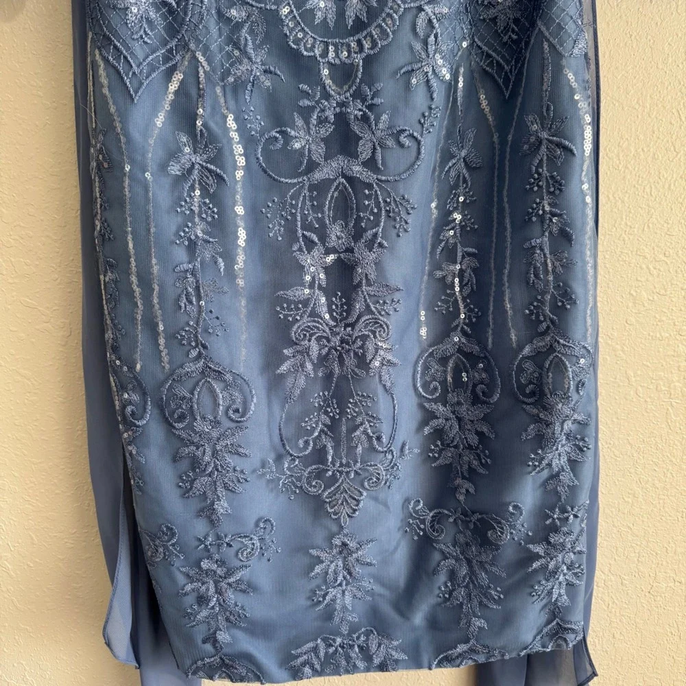 NWT JJ's House Jostelle Slate Blue Sequin Sheath Dress Cowl Neck Back Sash 12